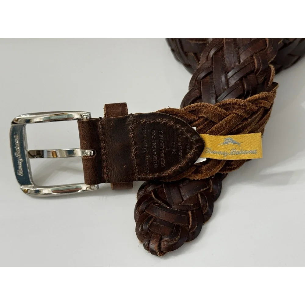 Tommy Bahama Leather Braided Belt Brown w/Silver Tone Hardware - Sz L 38-40 Wide